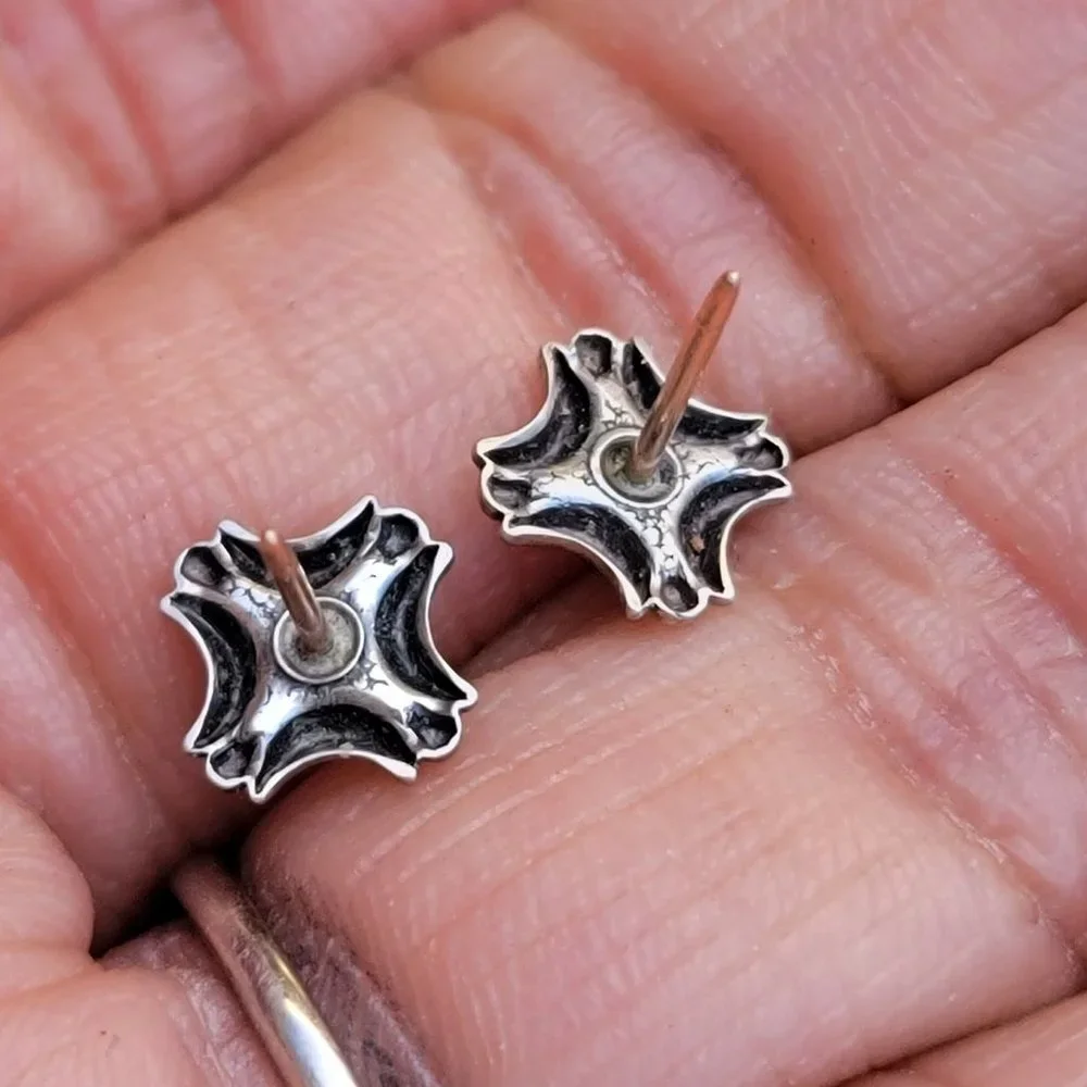 Native American Fred Harvey Era turquoise crescent moons raindrops sterling stud - Picture 9 of 15